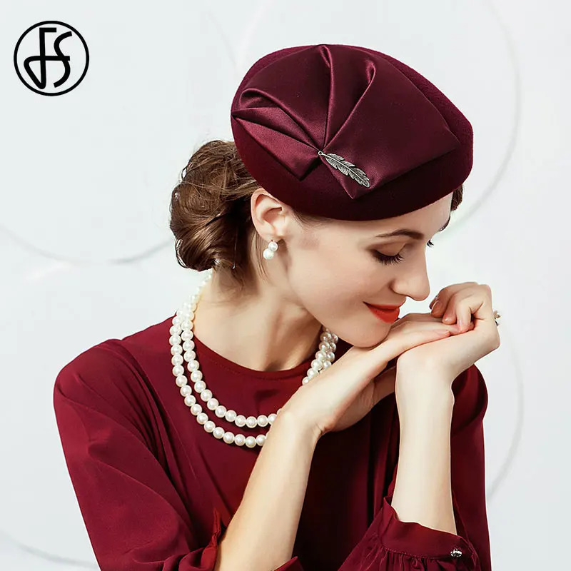 FS Elegant Wool Pillbox Hat Fascinators Fedora Hat Black Church Hats Women Navy Blue Wedding Ladies Felt Leaf Berets Caps Chapea 250409