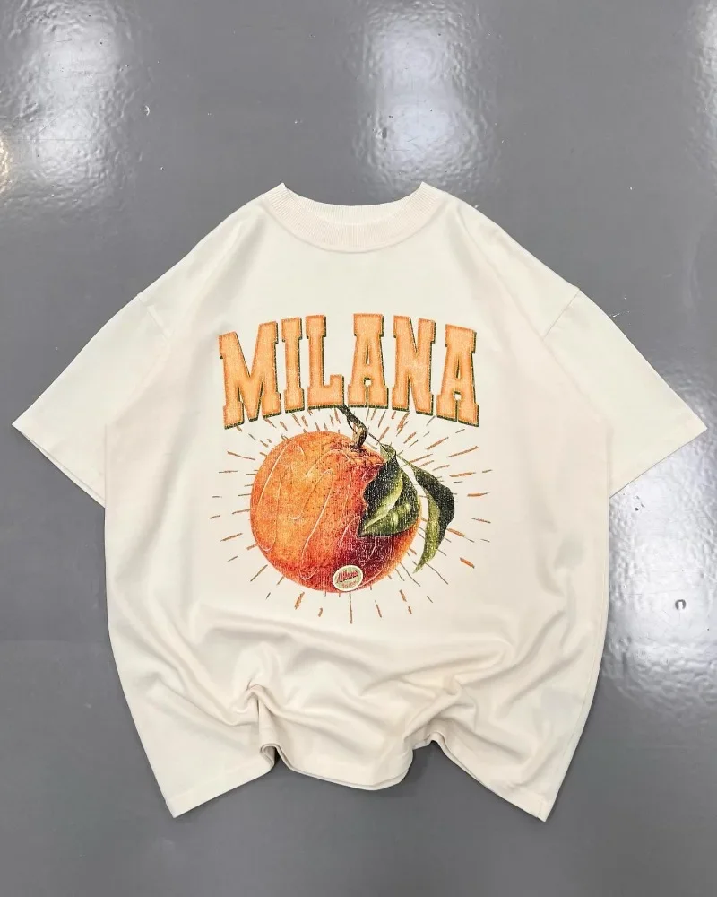 Y2k High street fruit letter print short sleeve oversized cotton T-shirt Men Street style summer top Harajuku loose couple shirt