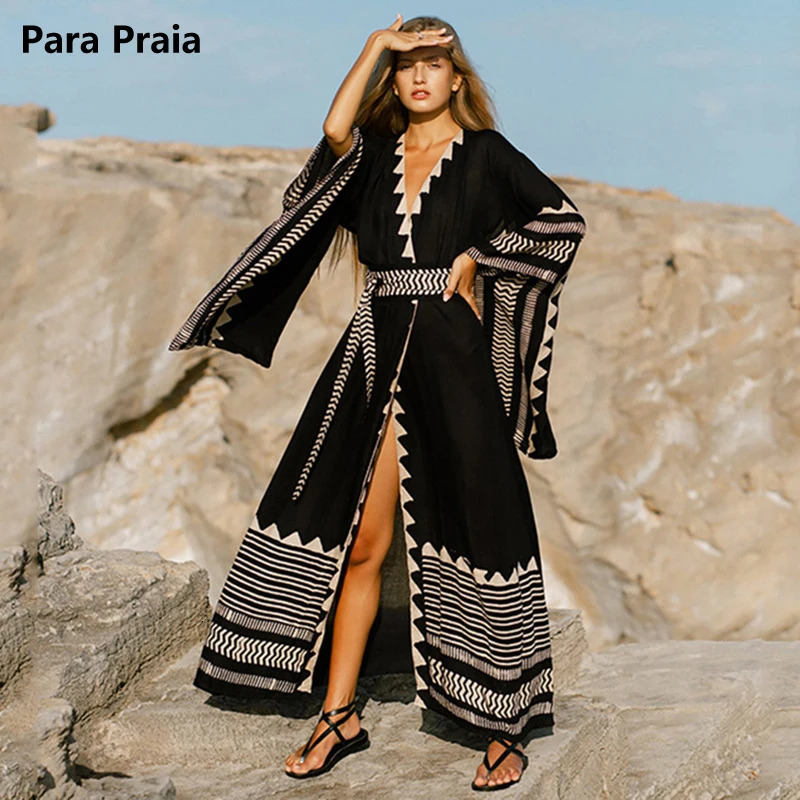 Para Praia kimono beach robe swimsuit top wear long sleeved dress Sarong womens loose open bikini 250408