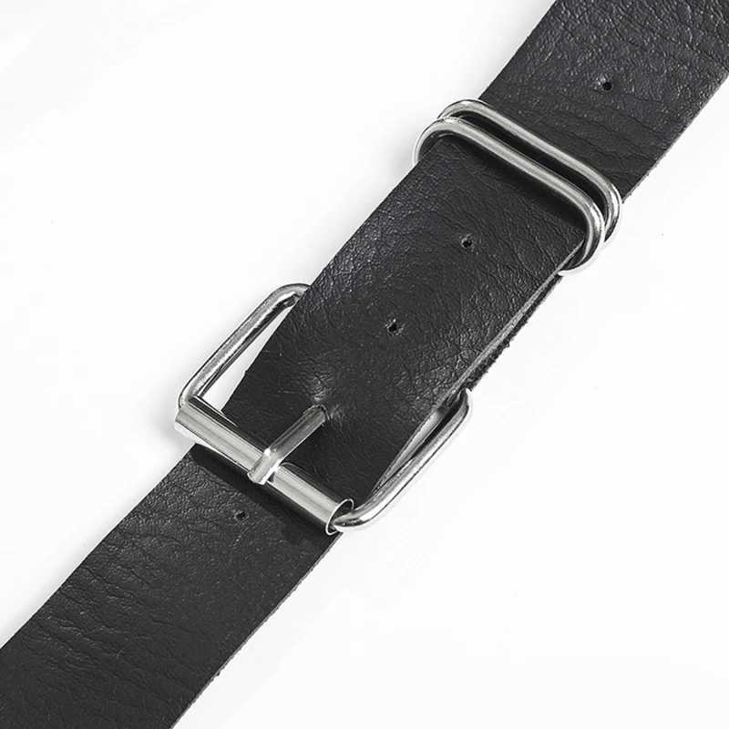Fashionable Gothic punk metal ring design silver pin buckle leather black belt jeans belt X250410