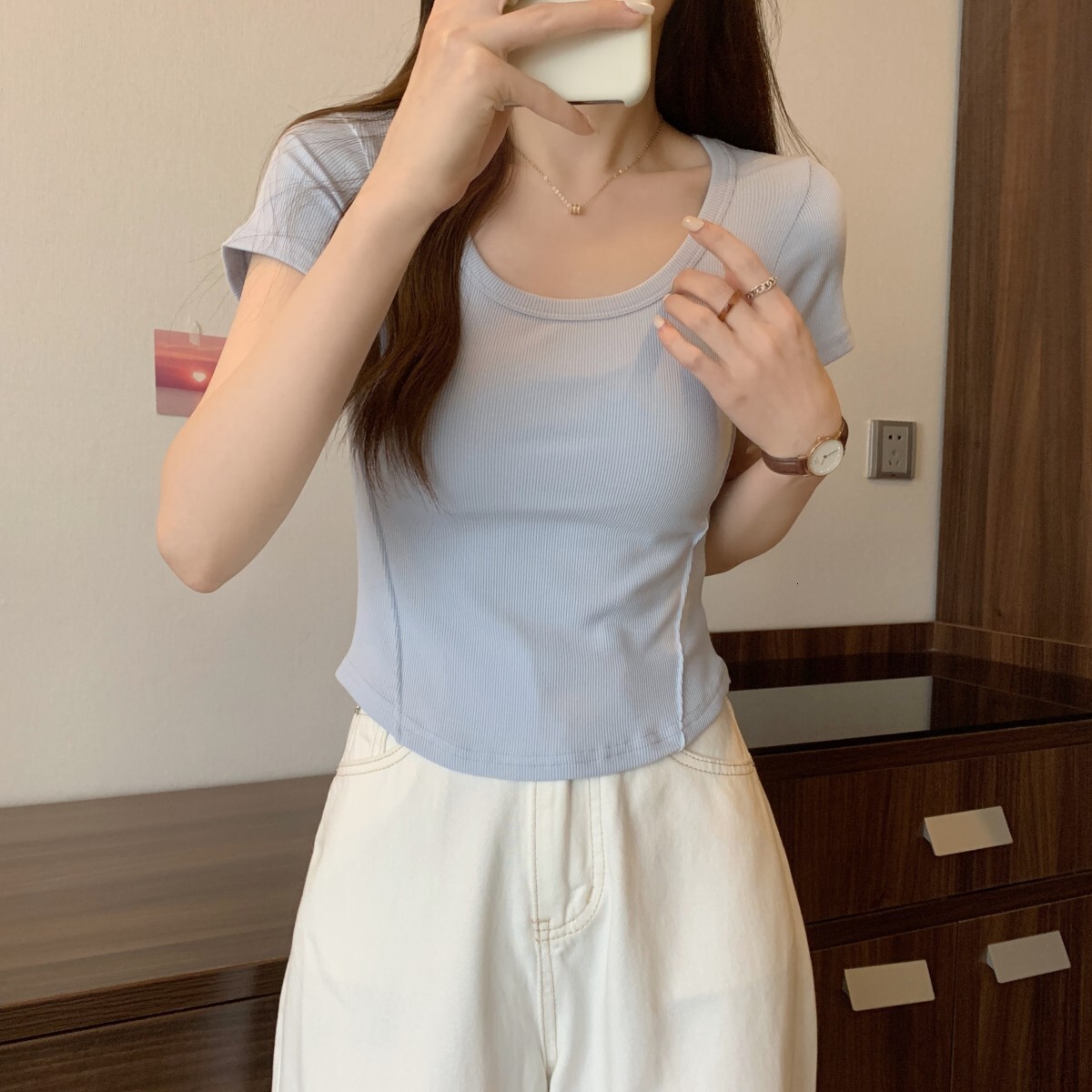 2025S Designer Women S T Shirt Irregular U Neck Short Sleeved T Shirt For Women In Summer Korean Version Slim Fit High Waisted Short Student Solid Col