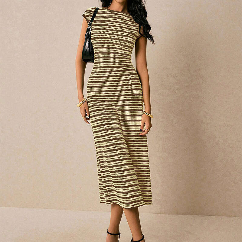 Cross-Border European and American Striped Knitted Slim Fit Slimming One-Step 2025 Autumn Foreign Trade Elegant Sleeveless Long Dress