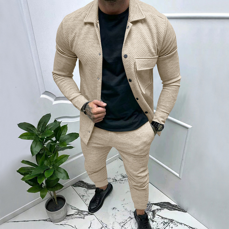 2024 autumn/winter new mens collar solid color long sleeved pants set loose and versatile two-piece set