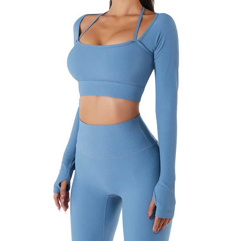 2023 Spring/Summer New Top Sport Womens Quick Drying Fitness Set with Chest Mat Slim Fit Long Sleeve Yoga SetXJ250410