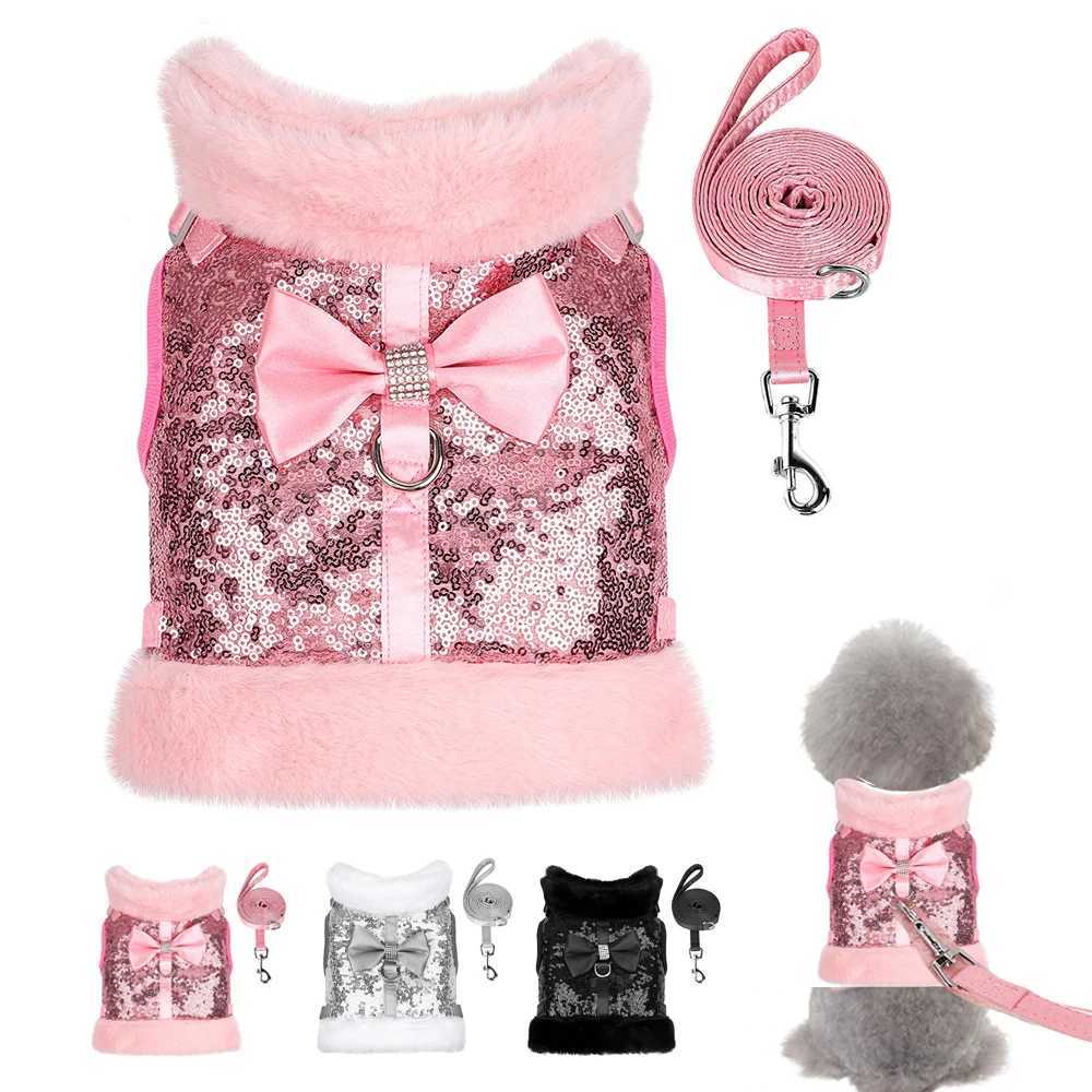Winter Warm Dog Harness Leash Set Soft Fur Bling Sequines Dogs Harness Vest With Bowknot For Smalll Medium Dogs Cats Chihuahua J251110