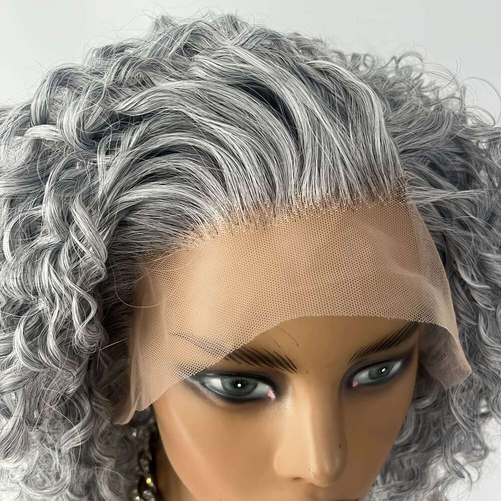 Gray Kinky Curly Synthetic Front Pre-Plucked, 13X3 Lace Area, High-Temperature Fiber, Heat Resistant, Glueless Full Set Women - Ideal Mother's Da