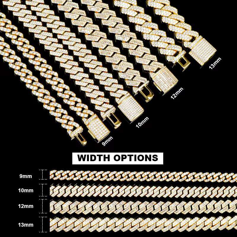 18k Gold Necklace 9mm-13mm 925 Sterling Silver Iced Out Iced Out Cuban Bagutte Vvs Moissanite Diamond Silver Cuban Link Chain