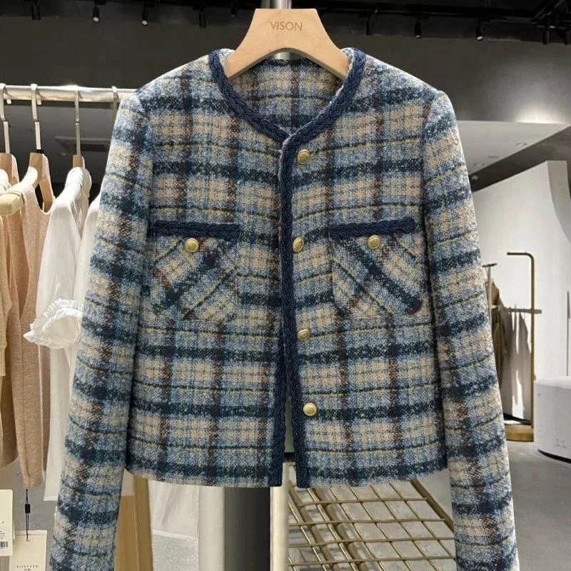 Autumn Korean Small Fragrant Coat Women Short Jacket Female Tweed Wool Outwear Casual Plaid Blazer Tops Ladies 251110