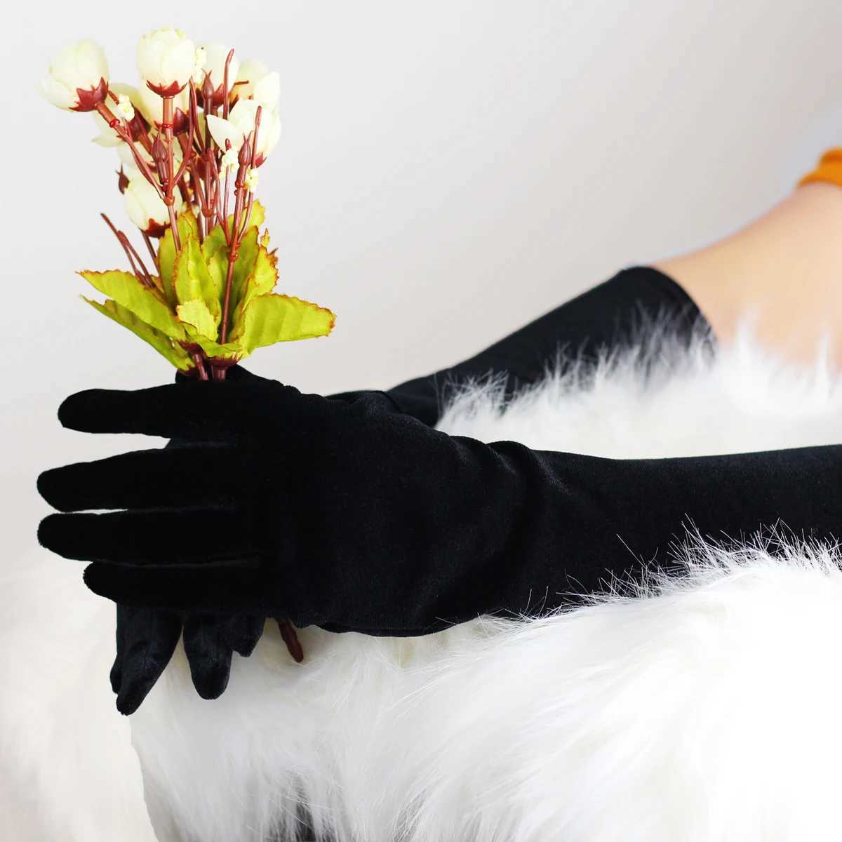 WG011-2 Elegant Wedding Bridal Black Long Gloves Elbow Length Velvet Finger Brides Bridesmaid Handmade Gloves L251110