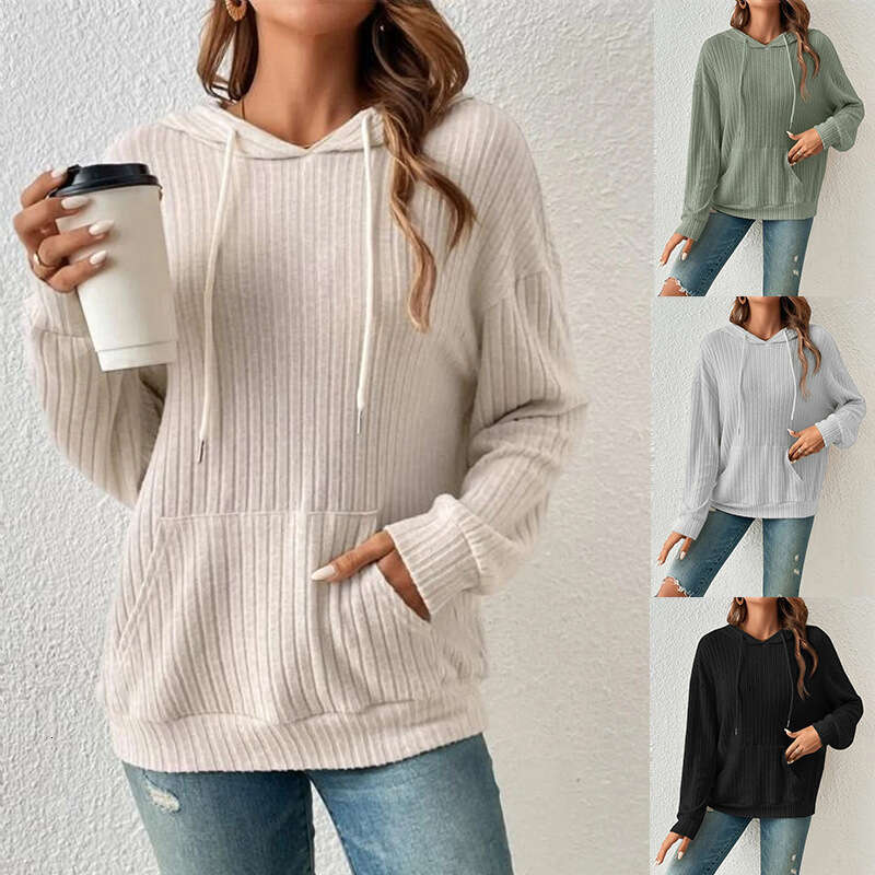 2025 Autumn Winter New Cross-Border European and American Women's Clothing Amazon Knitted Sweater TEMU Hooded Ribbed Kangaroo Pocket Sweatshirt