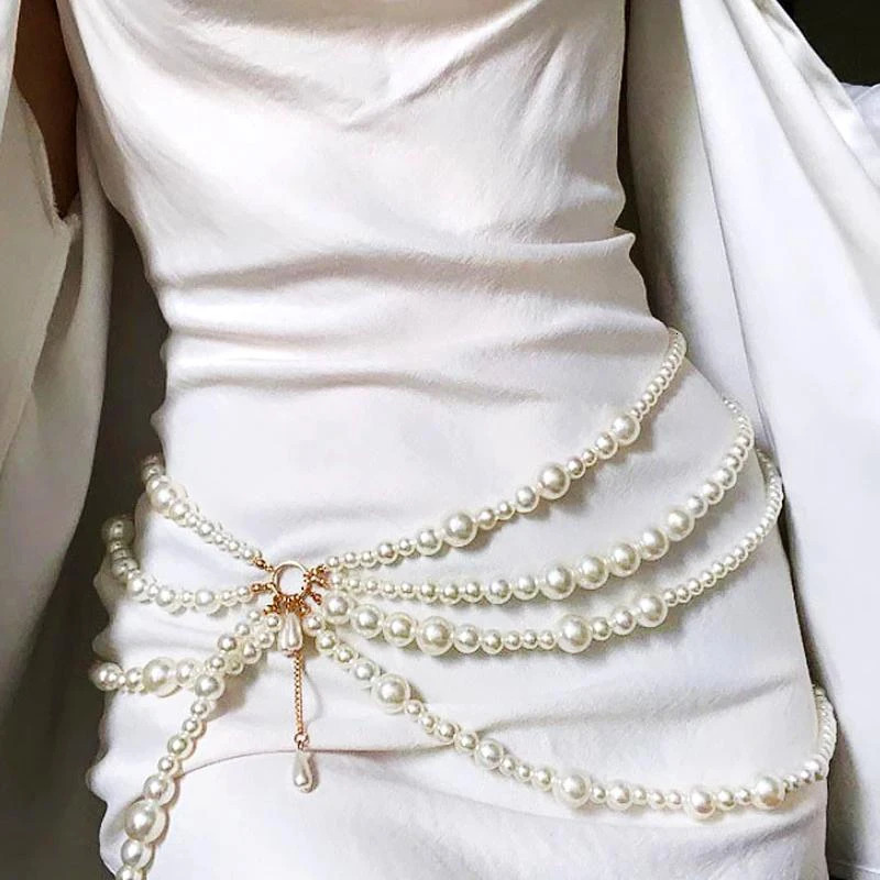 Vintage Multilayer Pearl Tassel Waist Chain for Women Wed Bridal Boho Belly Belt Body Chain Jewelry Accessories 250409