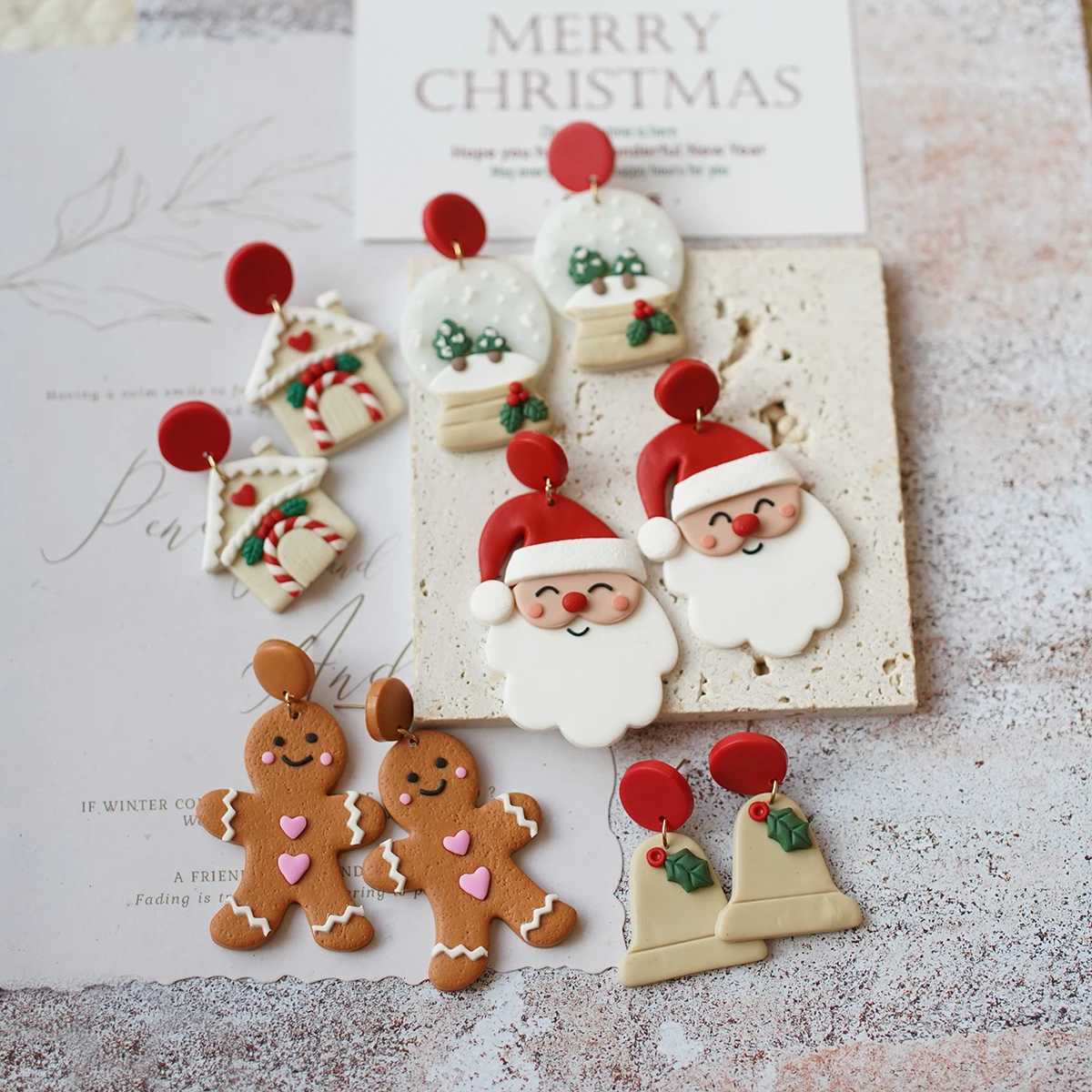2025 Christmas Winter Holiday Santa Snowman Bell Gingerbread Multi Shapes Polymer Clay Earrings Celebration Accessories Gifts J251110