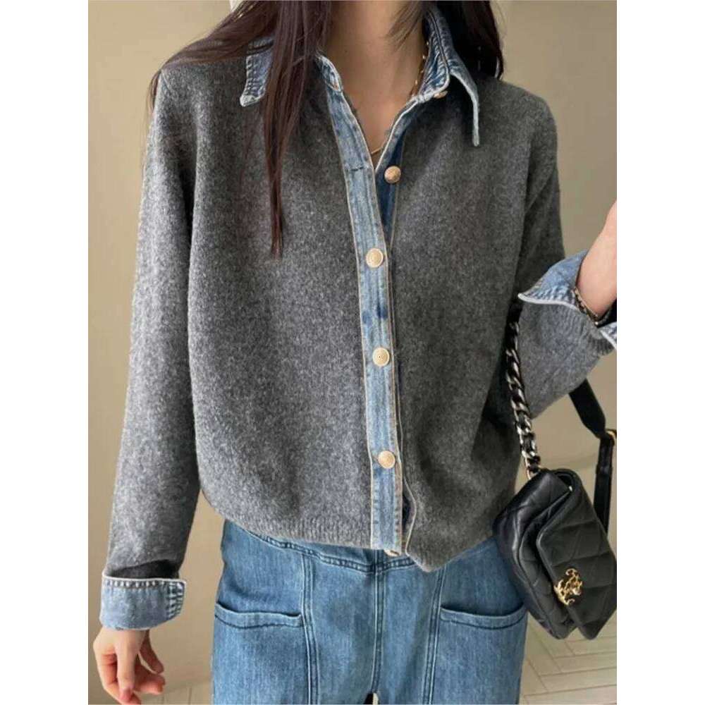 Knitted Autumn Cardigan Women Denim Patchwork Fashion Ladies Cardigans Korean Style Loose Casual Woman Sweater Coats
