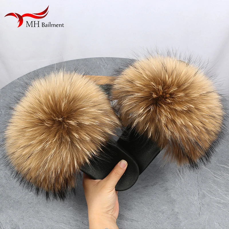 Raccoon Womens Fur Slide Summer Fluffy Indoor Blurred Flat Slide Outdoor Fashion Beach Sandals Flip Cover 250408