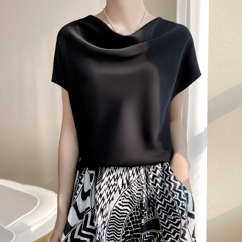 Summer satin short sleeved T-shirt suitable for women loose dress and acetate bottom shirt 250410