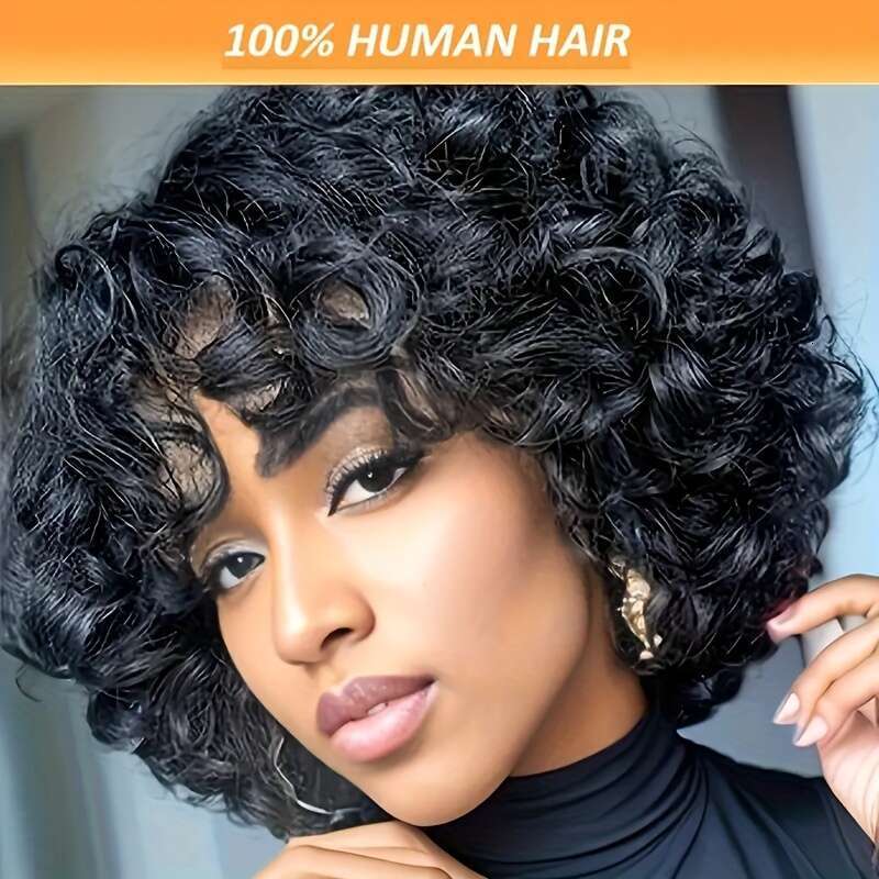 Women's Short Bob Afro Pixie Cut Bangs - 100% Human Hair 200% Density Bouncy Curls, Glueless No Lace Front Wig With Natural Base Light Brown High