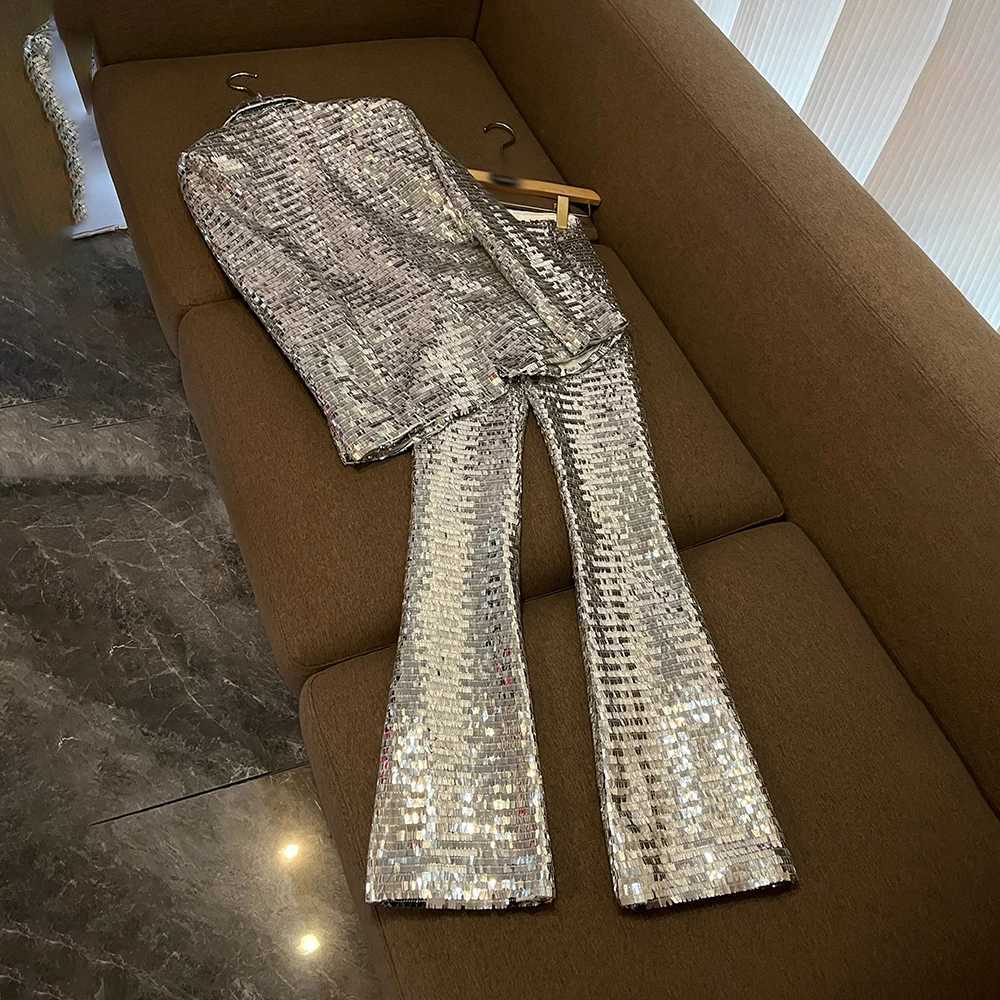 TWOTWINSTYLE Solid Sequin Two Piece Sets For Women Lapel Long Sleeveltop High Waist Pants Elegant Set Female Fashion W251110