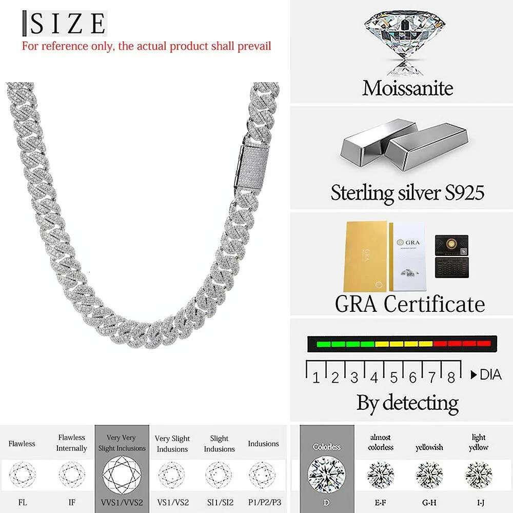 New 14mm Moissanite Cuban Diamond Chain Hip Hop Cuban Iced Out Chain For Men 925 Sterling Silver VVS Jewelry Necklace