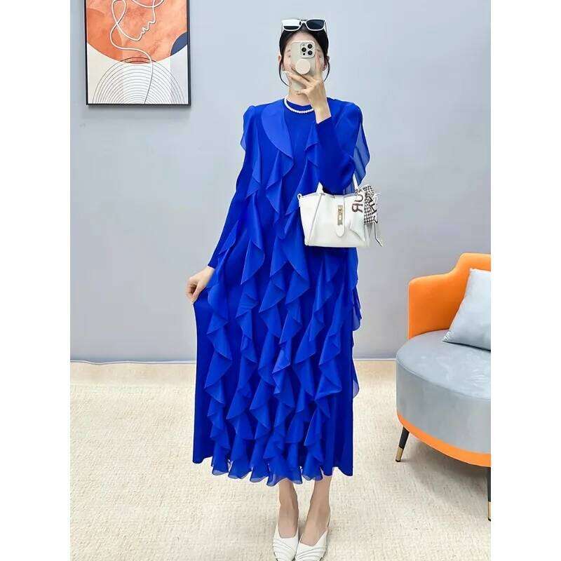 Miyake For Women's Fall 2024 New Design Sense Round Neck Solid Color Casual High End Pleated Long Dress