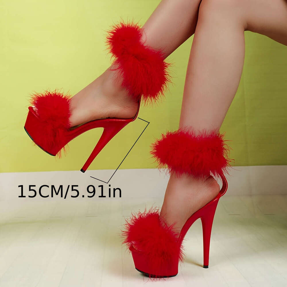 Women's Red Open-Toe Stiletto Platform Pumps With Fluffy Ankle Warmers - 5.9" Ultra-High Synthetic Cover Party Shoes For Nightclub, Performa