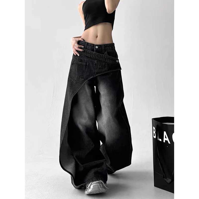ZHIZOU Women Black Gothic Jeans Baggy Asymmetric Y2K Japanese Harajuku 2000s Streetwear Loose Wide Leg Jeans Pants Clothing C251110
