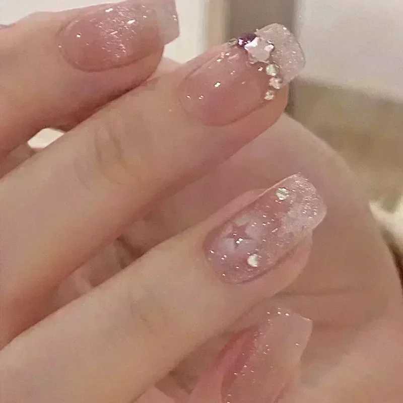 24 pieces of sparkling diamond press nail powder blusher cats eye false nail sweet and lovely coffin full cover short square false nail tip art W25041