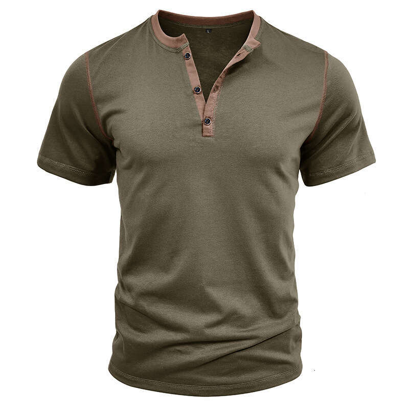 Summer European and American Short Sleeve Henley Shirt Men's Round Neck Color blocked T-shirt 2025 New Casual Versatile Fashion Clothing