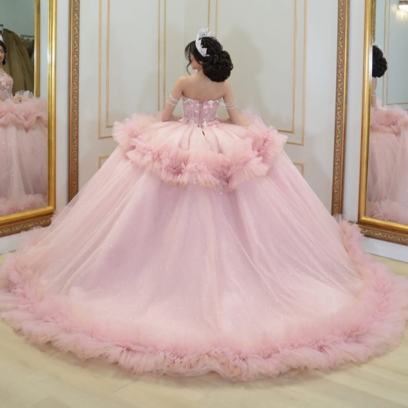 Pink Shiny Princess Quinceanera Dresses Off Shoulder Beads Flower Tiered Tull Corset Sweet 16 Dress Ball Gown Vestidos 15 Anos