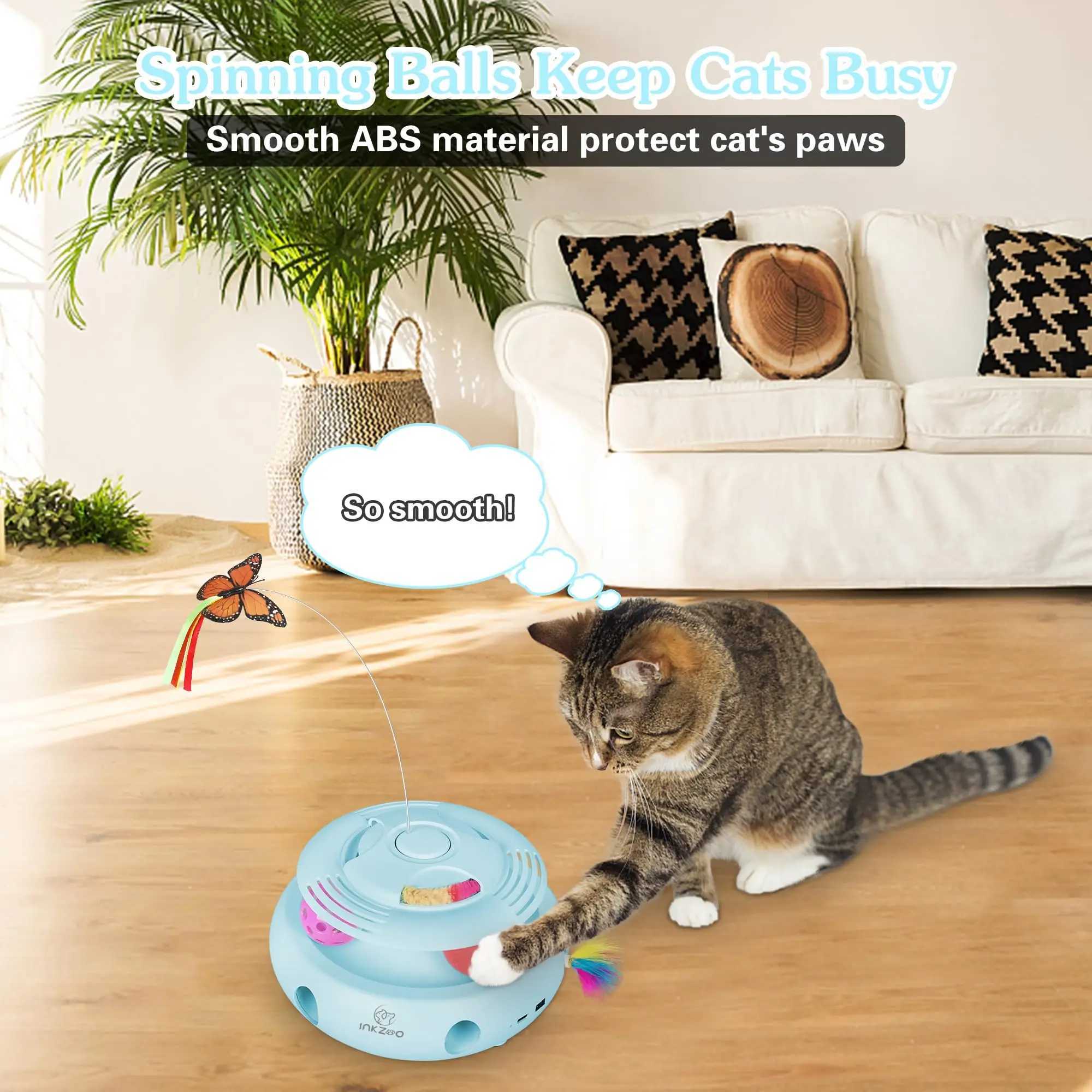 INKZOO 4-in-1 Interactive Cat Toys for Indoor Cats Automatic 6 Holes Mice Whack-A-Mole Fluttering Butterfly Track Balls USB J2511081