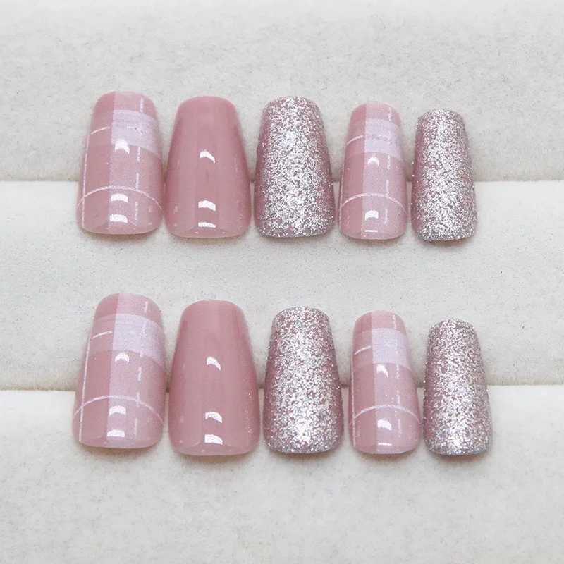 24 pieces of fine glitter candy with jelly stickers pressed onto the fake nails wearable round headed oval shaped fully covered nail tips W250410