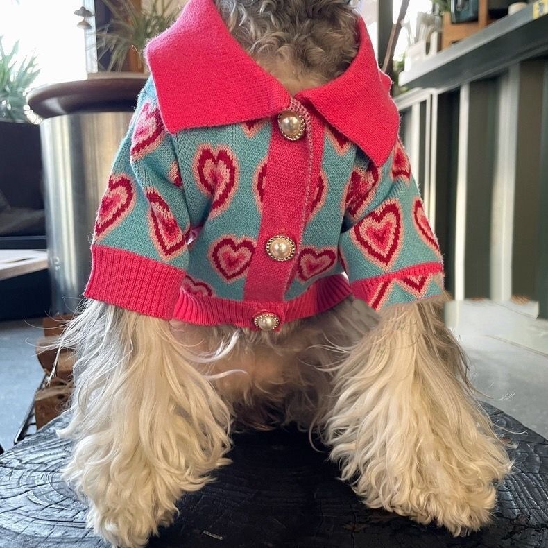 Cute Heart Pattern Dog Sweater, Knitted Pet Cardigan with Pearl Buttons & Lapel Collar, Warm Fashion Apparel for Small Medium Dogs, Soft Comfortable P
