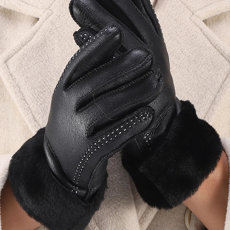 Genuine Sheepskin Leather Gloves For Women Winter Warm Thick Wool Lined Driving Motorcycle Gloves 251106
