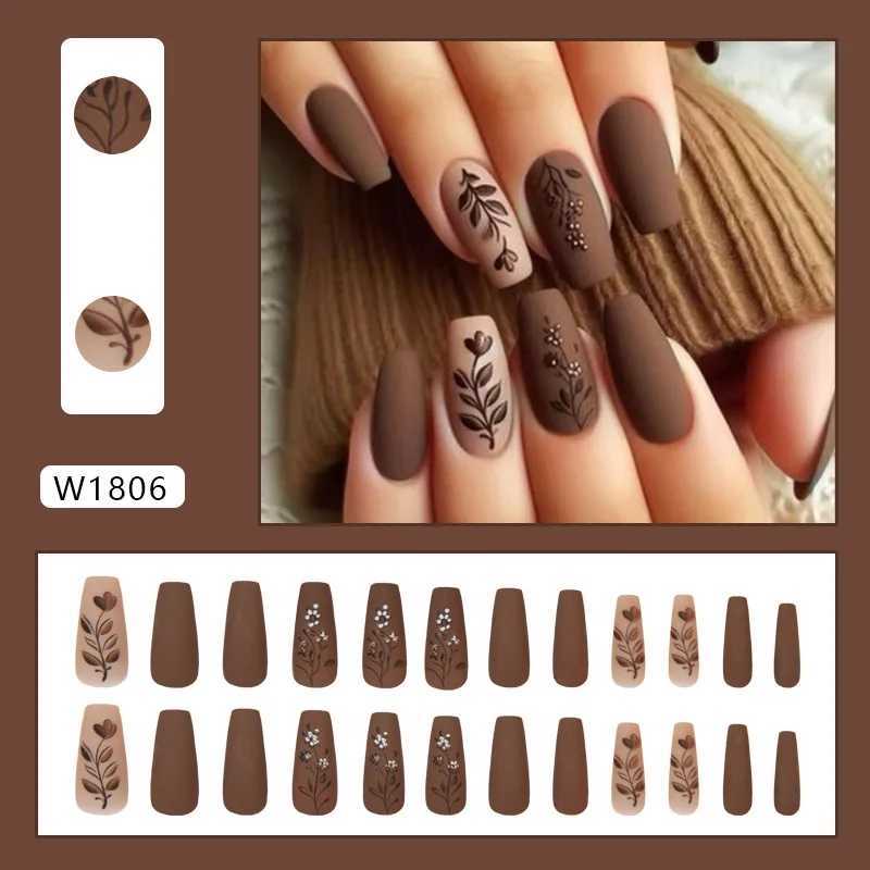 24 pieces of caramel flower pressed on nails pink gradient fake nails smooth artificial fingers reusable female fake nails W250410