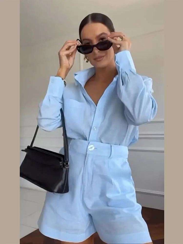 Womens white cotton linen single chest shirt high waisted shorts set fashionable and breathable 2-piece set spring womens clothing 250409