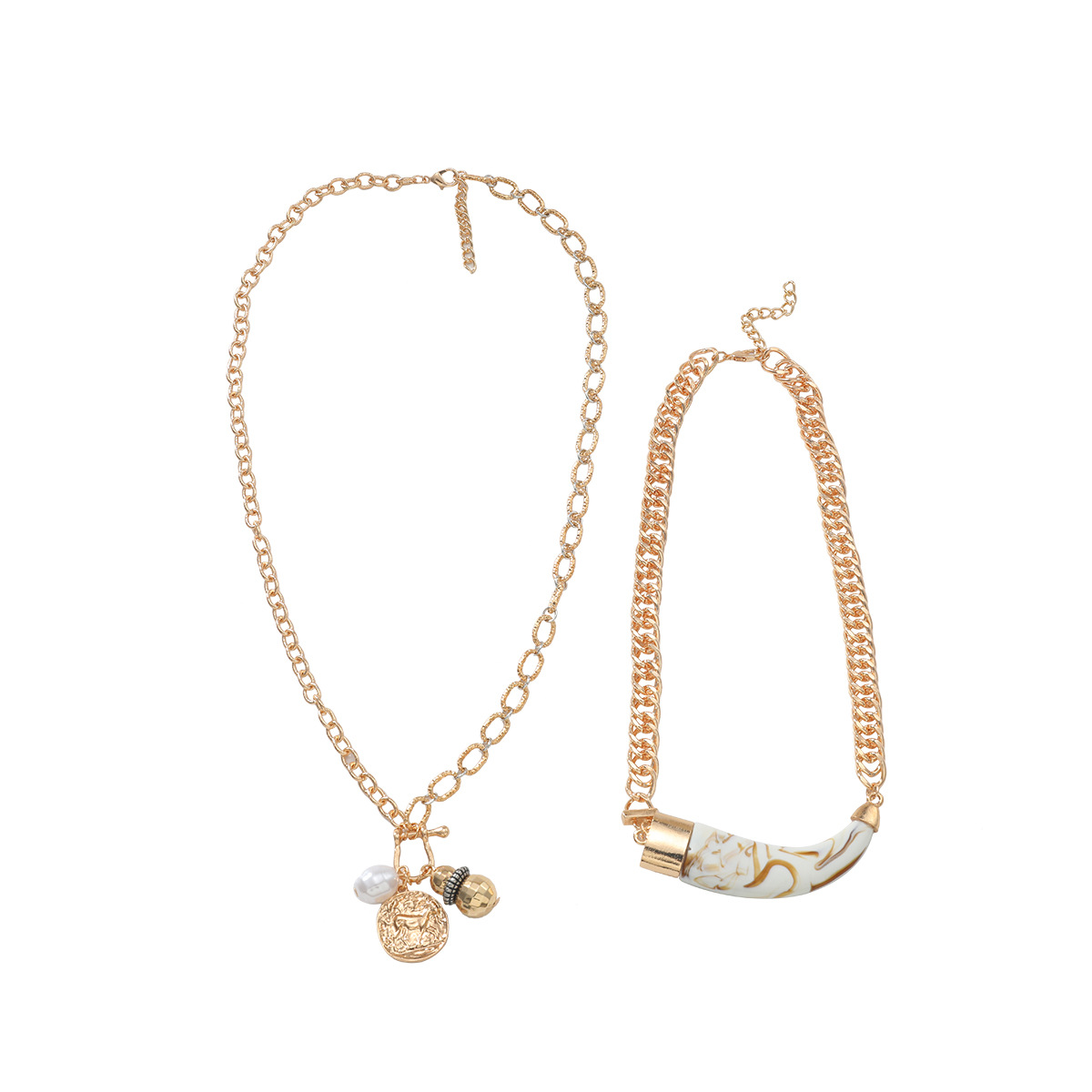 Trendy Cow Horn Multi Layer Necklace With Pearl Inspired Geometric Design Womens Beach Accessories Punk Chain