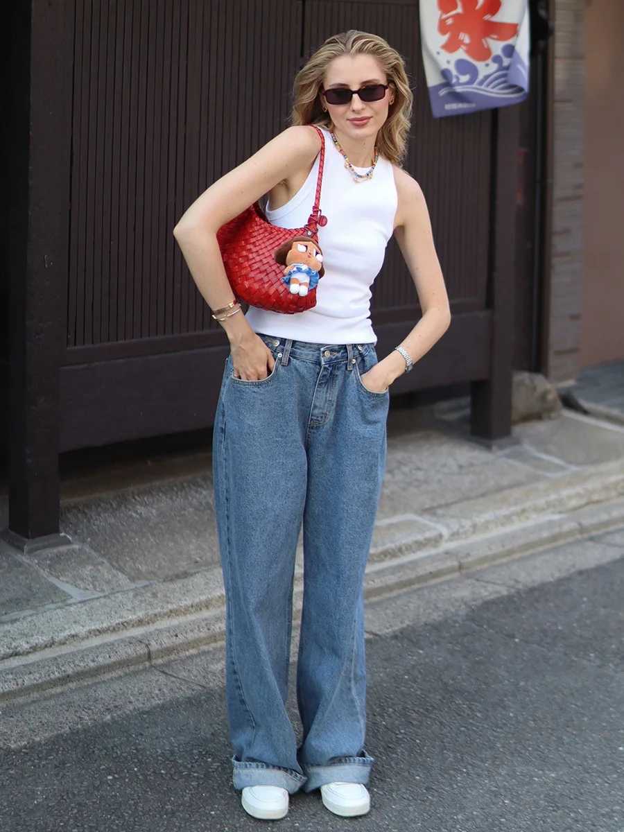 Blubelle Womens New 2025 Autumn Trendy Wide Leg Jeans Loose Straight Leg Floor Length Retro Cotton Jeans C251110