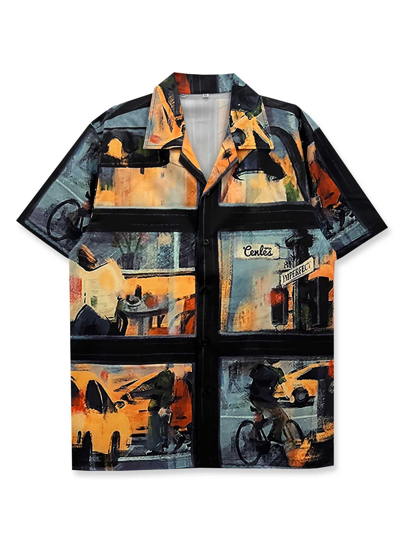 Mens casual printed shirt front button polyester short sLeeved shirt summer evening streetlight and scene X250410