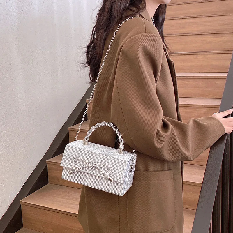 2025 Women Wedding Square Box Full Diamond Handbags High-end Rhinestone Bow Evening Clutch Bag Shiny Crossbody Bag R251110