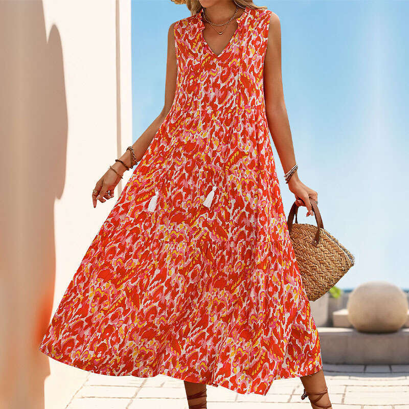 2025 European and American summer vacation style sleeveless V-neck tassel abstract printed dress with versatile temperament, new trendy clothing ins