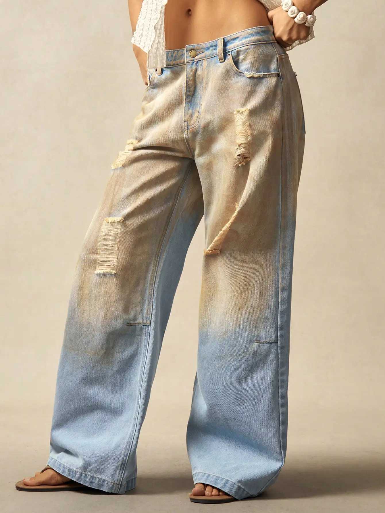 American style high end streetwear style faded holey denim womens pants 2025 new collection C251110