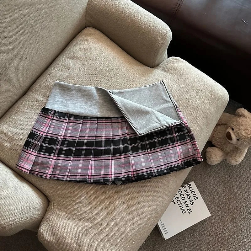 Harajuku Sweet Pink Letter ed Plaid Splitting Skirts for Women Summer High Waist Slimming Anti Exposure Wrinkle 250410
