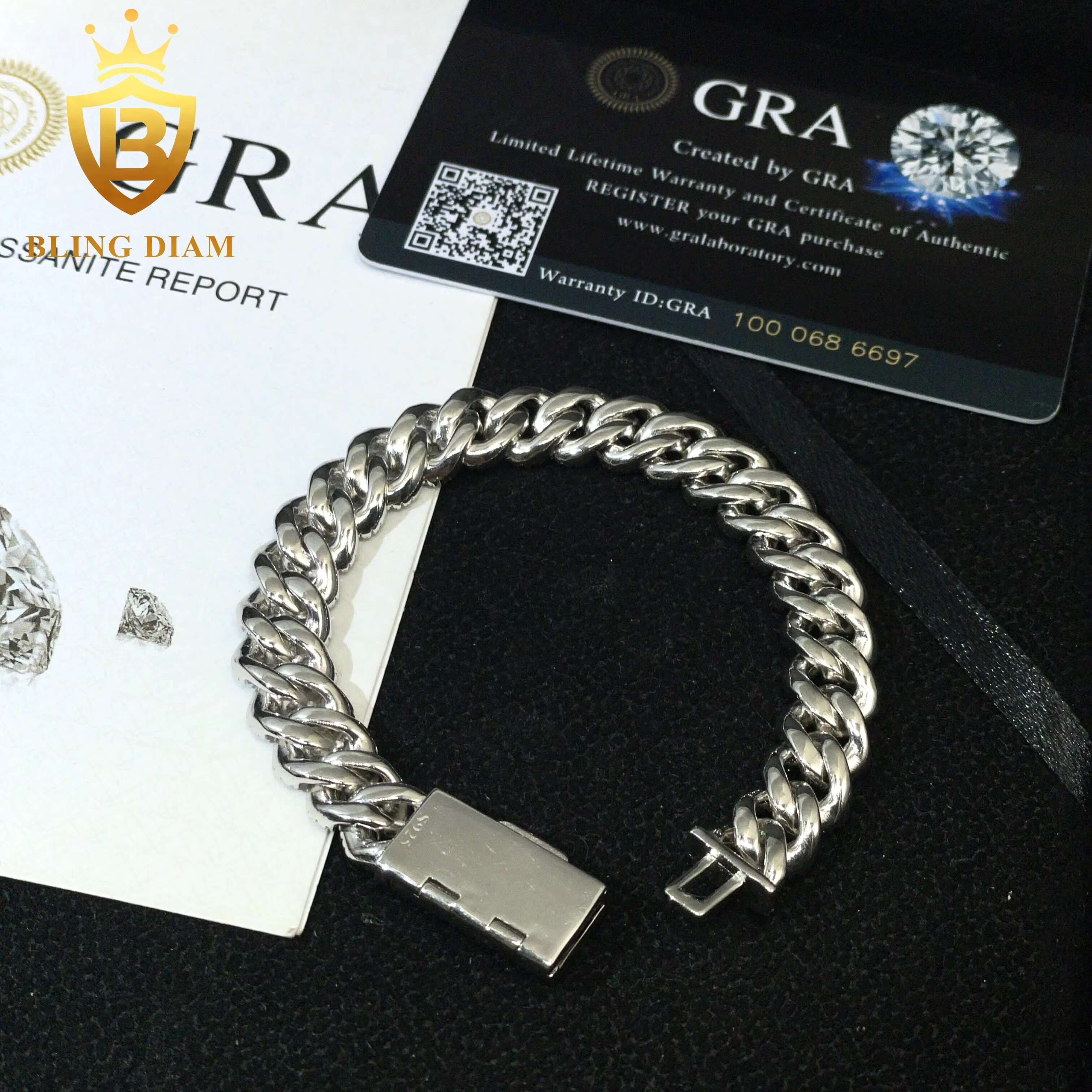 Customized 10MM Hip Hop Jewelry 925 Sterling Silver Moissanite VVS Diamond Cuban Chain Bracelet