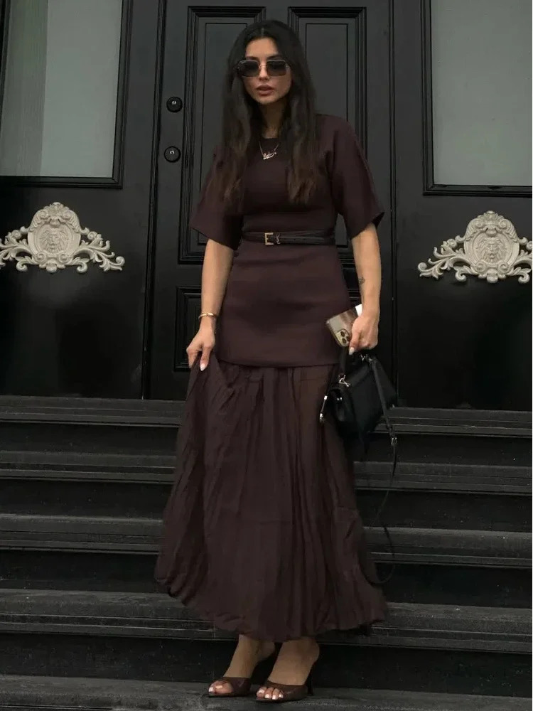 Elegant O-neck short sleeved Maxi dress for women fashionable solid pleated Gauze patch dress womens office commuting vest 250409