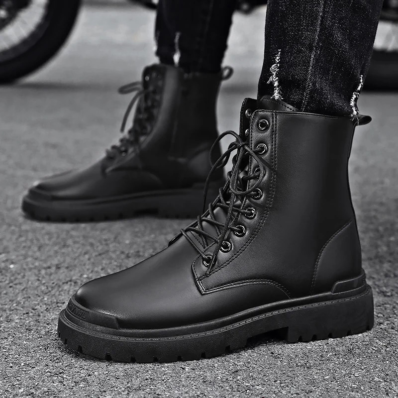 Black Mens Casual Leather Boots Fashion Winter Men Work Boot Mens Shoes Non-slip High Top Ankle Boots Motorcycle Shoes 251107