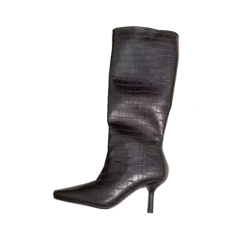 New square high-heeled white crocodile pattern high tube European and American knee high boots designer shoes fashionable snow boots