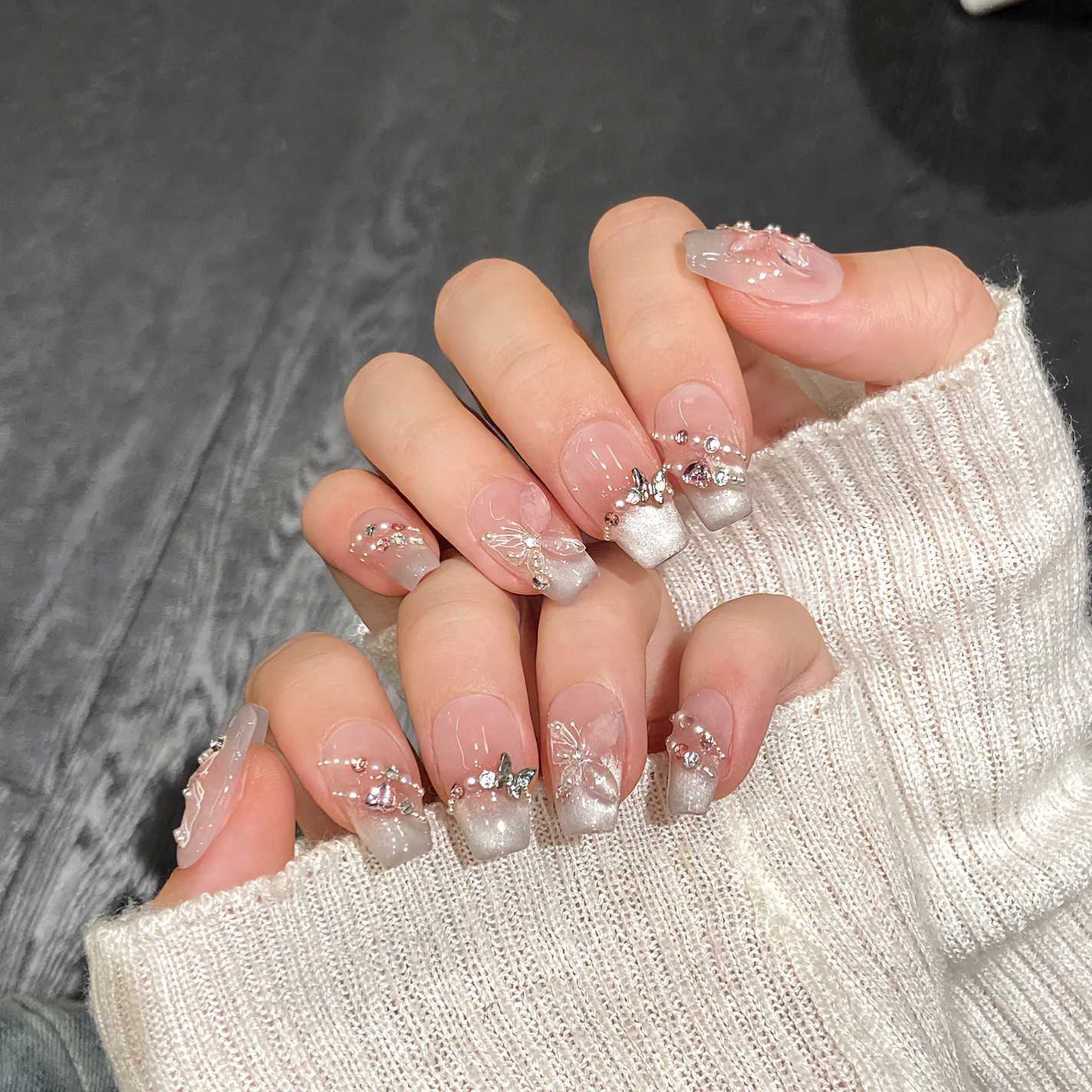 0 pieces of butterfly Deisgn pink cat eye French handmade embossed fake nails wearable nail art tips W250410