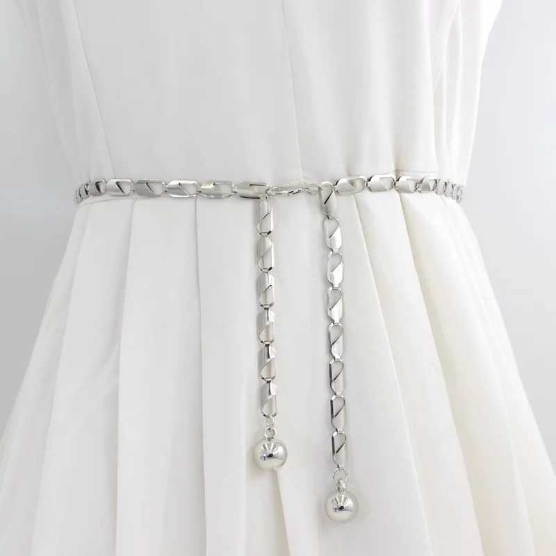 Metal Ball Pendant Waist Chain Text Thin Belt Gold Silver Long Girl Fem Belt Used for Dresses Leather Decorations Belts X250410