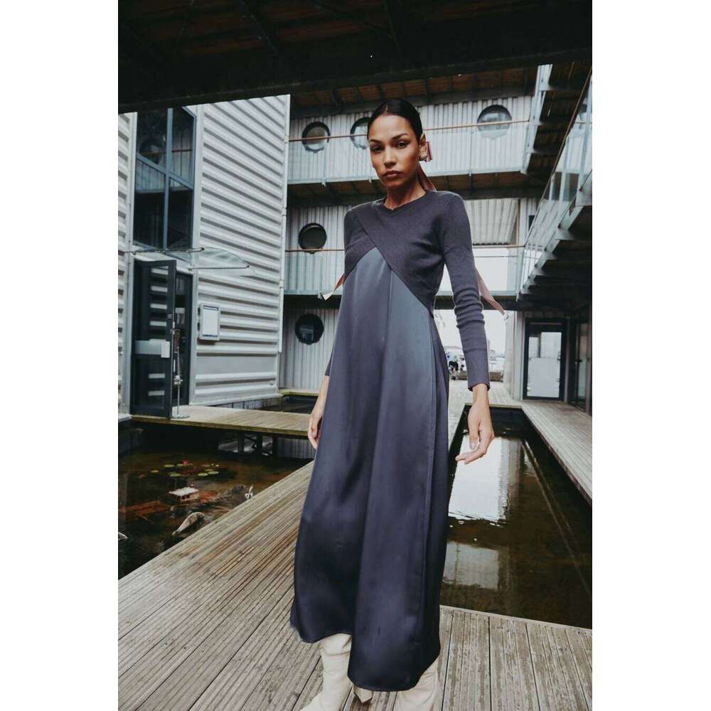 AS Aw25 Elegance Slip Satin Dress + Knitting Cross Top +Mockneck Woman Clothing Set Adjustable Maxi Floor Length