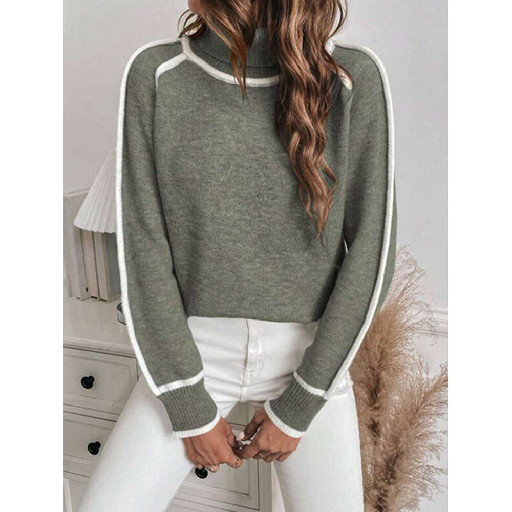 Cross-Border Autumn Winter Knitted Women's Pullover Long Sleeve Turtleneck Top Solid Color Loose Casual Versatile Sweater