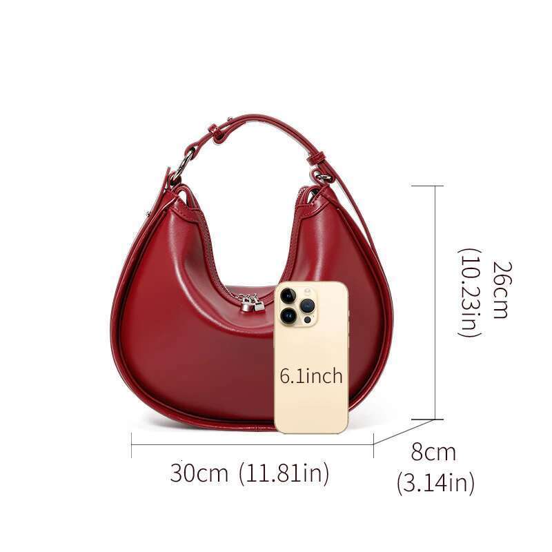 Genuine Crescent Hand-Held Large Capacity Glossy Soft Leather Cross-Body Half-Round Saddle Horn Moon Bag